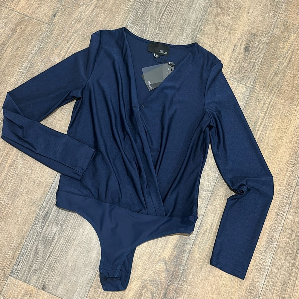 Navy blue long sleeve wrap, front bodysuit